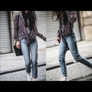 Zara Navy Striped Bodysuit Blouse